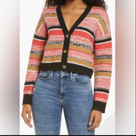 Nordstrom BP Black Marl Stripe Cropped Cardigan Size Small - Picture 1 of 13